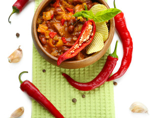 Wall Mural - Chili Corn Carne - traditional mexican food, in wooden bowl,