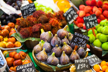 Colourful fruit,figs,market stall in Boqueria market,Barcelona