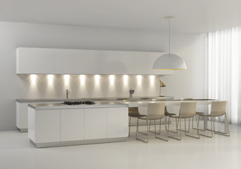 Contemporary minimal white kitchen with plastic chairs