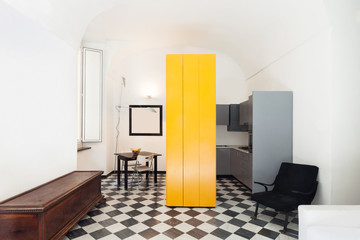 apartment in old building, interior, checkered floor