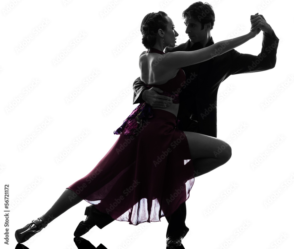 couple man woman ballroom dancers tangoing  silhouette - obrazy, fototapety, plakaty 