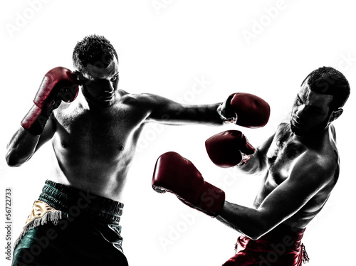 Foto-Stoff bedruckt - two men exercising thai boxing silhouette (von snaptitude)
