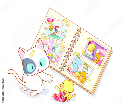 cat and chicks cartoon looking at photo album - Buy this stock ...