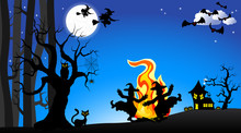 Witches Dancing Around Fire At Halloween