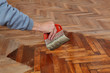 © sima - Varnishing of oak parquet floor, workers hand, brush, renovation