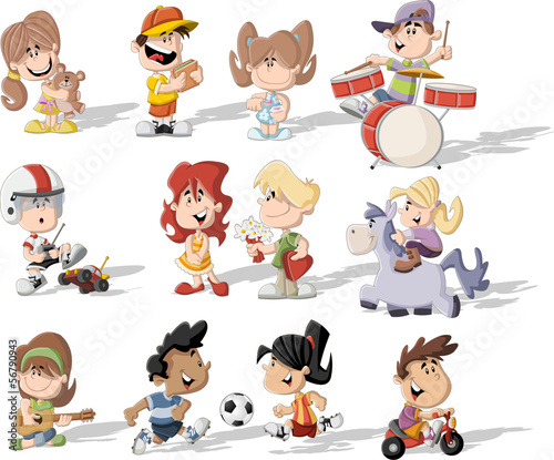 Group of happy cartoon children playing