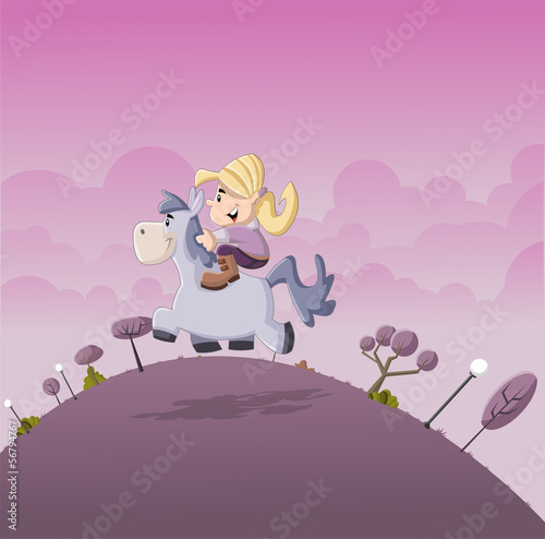 Foto-Vorhang - Beautiful little cartoon girl riding on a pony (von denis_pc)