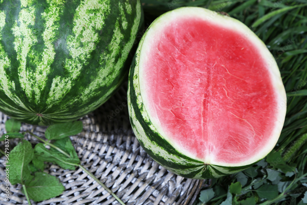 Ripe watermelons on wicker tray on grass