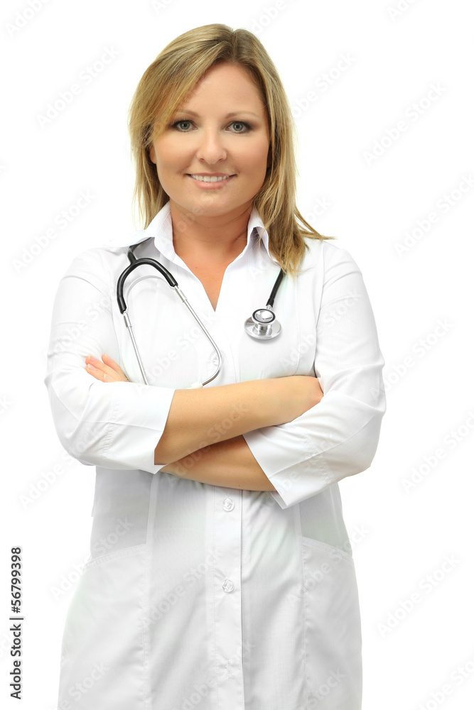 Young beautiful doctor with stethoscope isolated on white