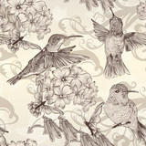Beautiful vector seamless wallpaper with  humingbirds in vintage