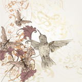 Floral music background with humming birds, butterflies and note