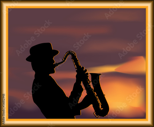 Obraz w ramie Saxophone, musician and sunset