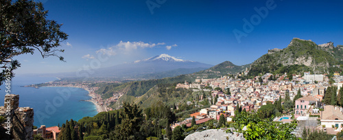 Fototapeta na wymiar Panorama of Taormina with the Etna Volcano