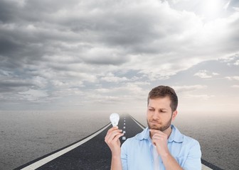 Poster - Skeptical model holding a bulb