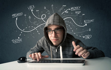 Poster - Young hacker with white drawn line thoughts