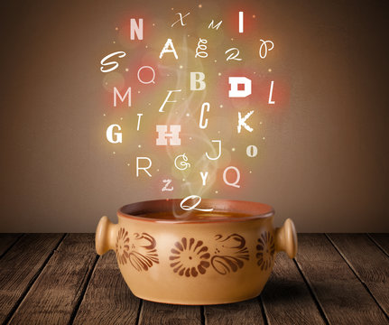 Colorful letters coming out of home cook soup bowl