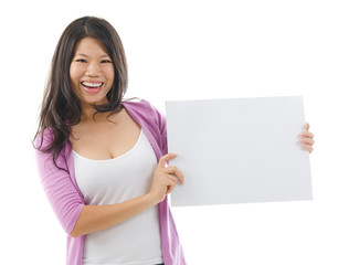 Wall Mural - Asian woman showing a blank card board