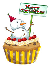 A Cupcake With A Christmas Sign And A Snowman