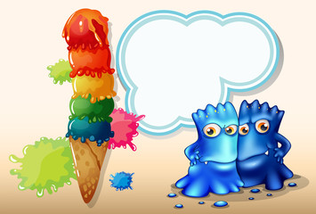 Poster - A giant icecream beside the two blue monsters