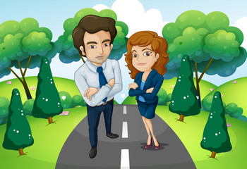 Sticker - A male and a female standing in the middle of the road