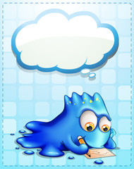 Poster - A blue monster writing with an empty cloud callout