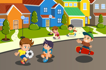 Poster - Kids playing in the street of a suburban neighborhood