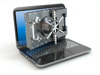 Poster - Internet security.Laptop and opening safe deposit box's door.