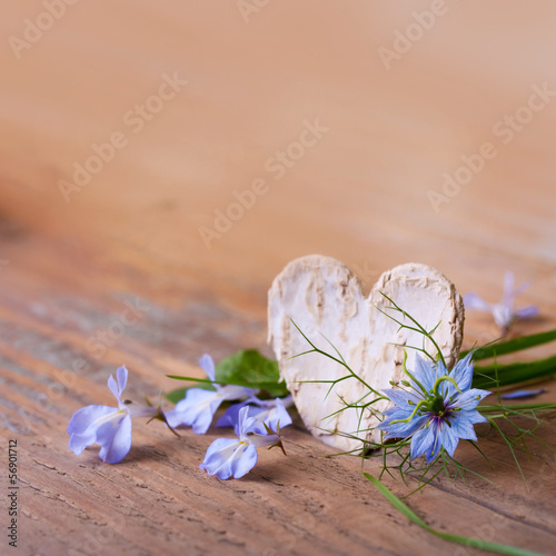 Foto-Plissee - Grußkarte mit Textfreiraum - Herz und Blüten auf Holz (von Floydine)