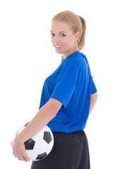 portrait of female soccer player in blue uniform with ball isola