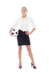 beautiful business woman posing with soccer ball isolated on whi