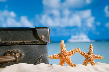 old retro antique suitcase on beach with starfish, sea and sky b