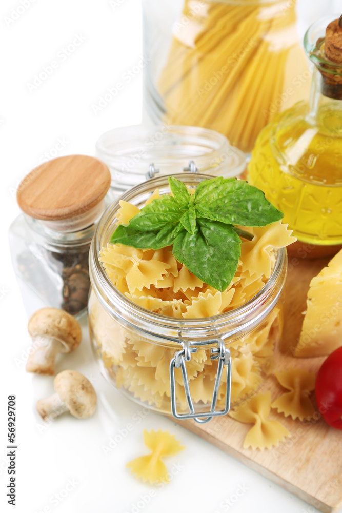 Pasta with oil, cheese and vegetables isolated on white