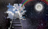 Fototapeta Kosmos - Ladder to Hole in Night Sky Reveals Day Time Skies