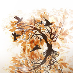 Fototapete - Autumn floral background with tree and birds