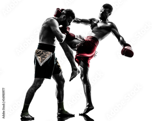 Foto-Stoff bedruckt - two men exercising thai boxing silhouette (von snaptitude)