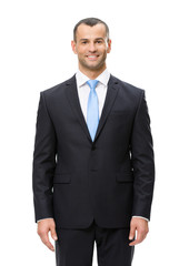 Wall Mural - Half-length portrait of smiling businessman, isolated