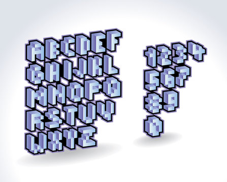 3d pixel alphabet font and numbers. Vector