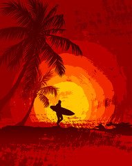 Canvas Print - Tropical sunset, surfer, palm trees