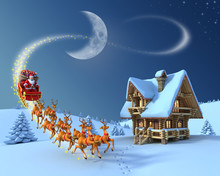 Christmas Night Scene - Santa Claus Rides Reindeer Sleigh