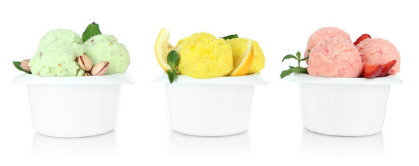 Sticker - Tasty ice cream scoops in bowls, isolated on white