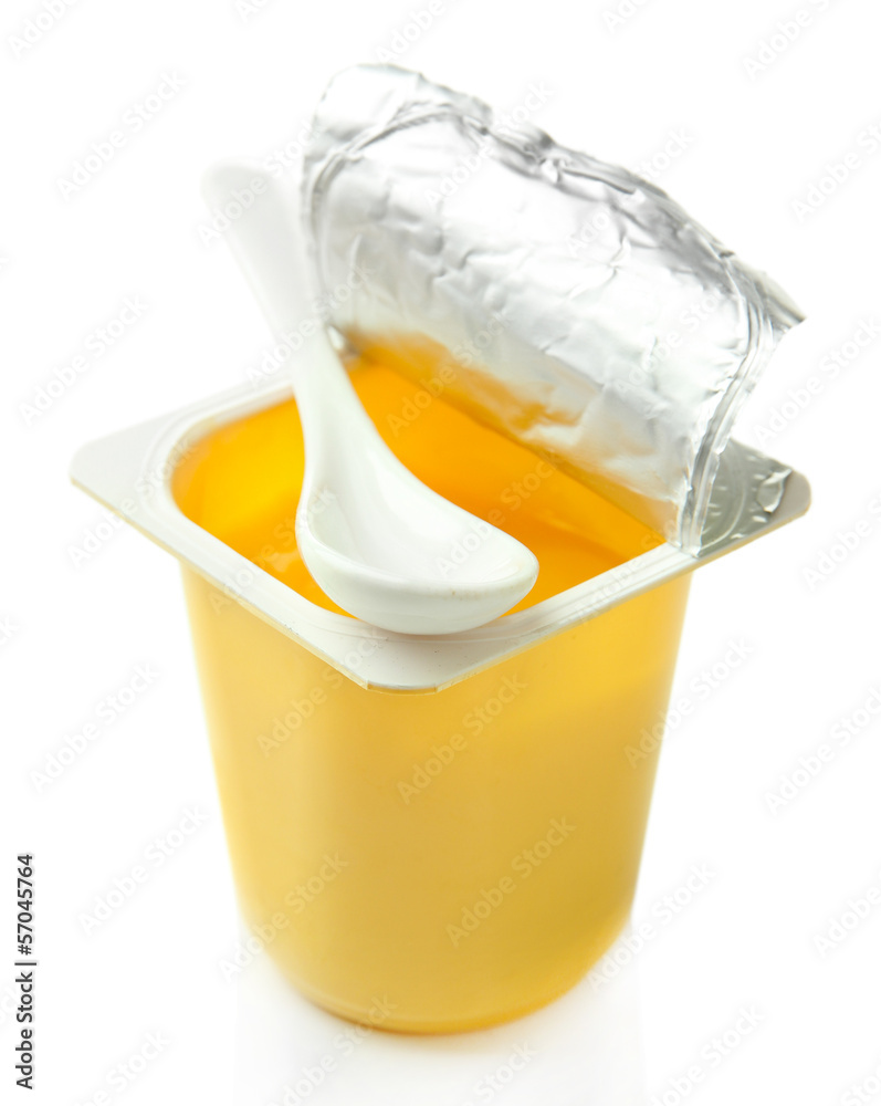 Tasty yogurt in open plastic cup isolated on white