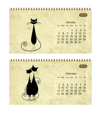 Calendar 2014 With Black Cats On Grunge Paper
