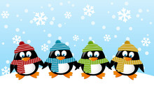 Cute Penguins On Winter Background