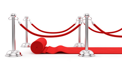 render of silver stanchions and a red carpet