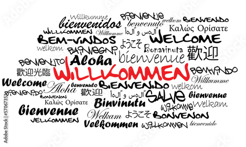 Obraz na plátně Willkommen Internationale schwarz weiß Abbildung Worten cloud