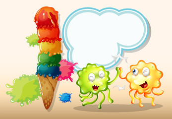 Poster - A green and an orange monster playing near the giant icecream