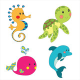 Fototapeta Dinusie - Set of cartoon sea creatures