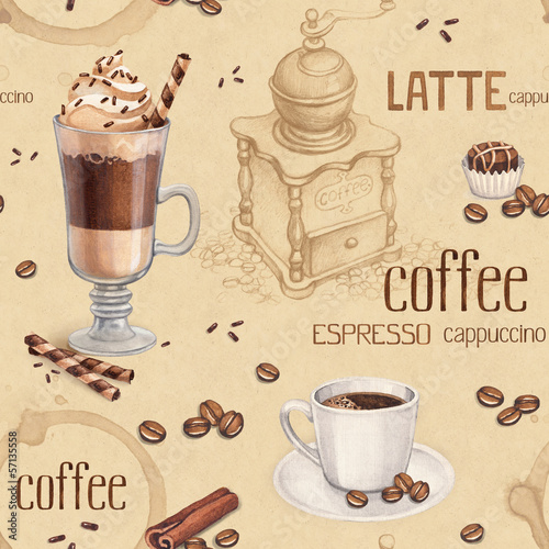 Fototapeta do kuchni Pattern with illustrations of coffee cup and coffee beans