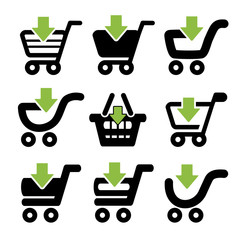 Poster - Vector black shopping cart, trolley with green arrow, item