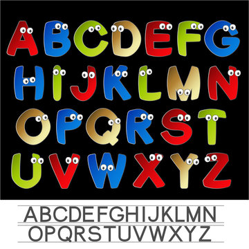 Vector color font alphabet with eyes